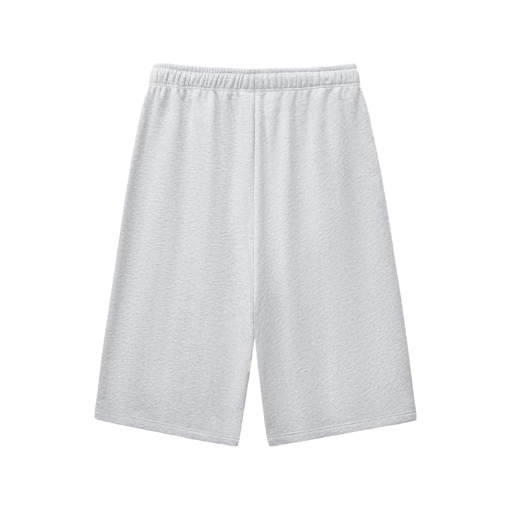 Moonlight Three-Quarter Shorts back view — light grey relaxed-fit unisex three-quarter shorts with elastic waistband