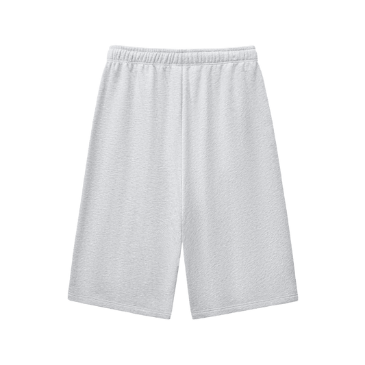 Moonlight Three-Quarter Shorts back view — light grey relaxed-fit unisex three-quarter shorts with elastic waistband